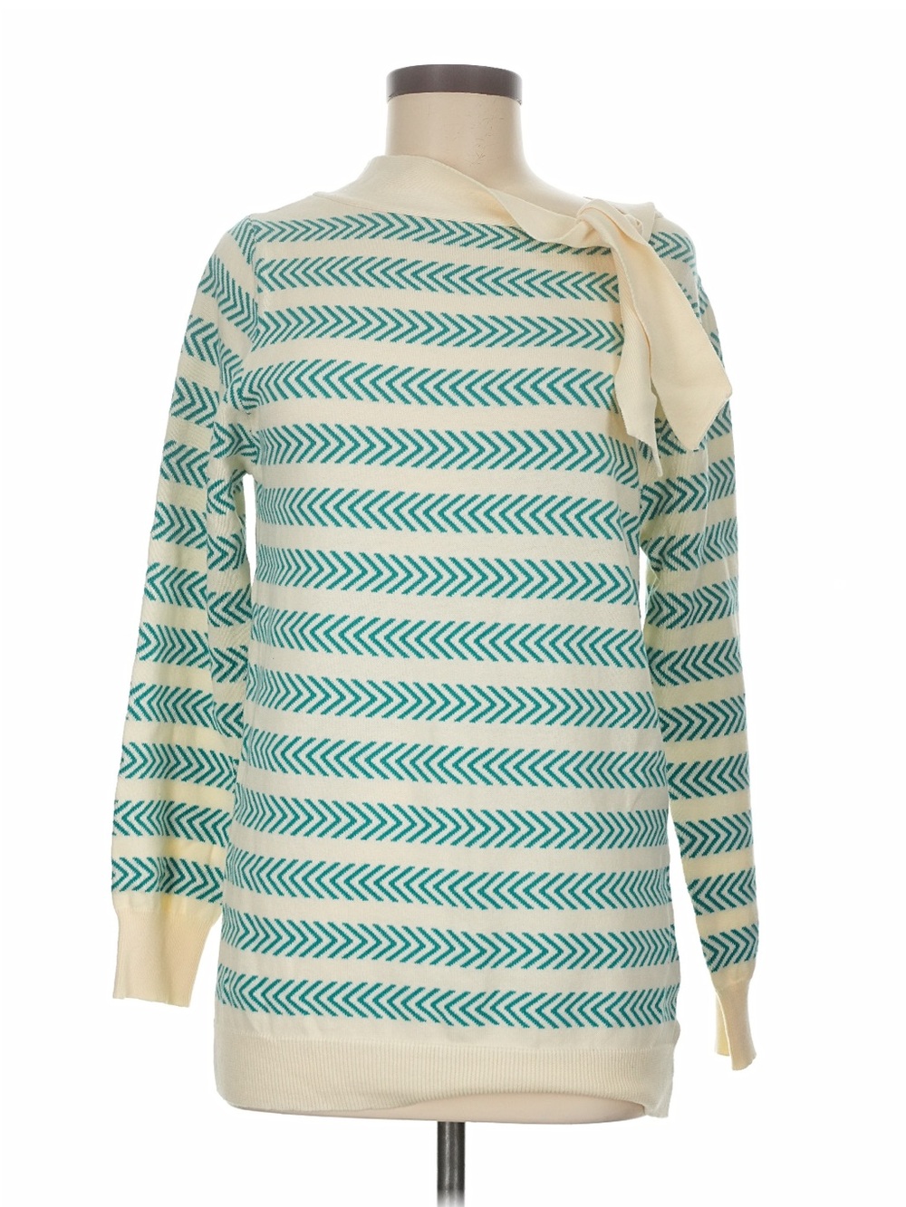 OXKNIT Cream & Teal Striped Crewneck Sweater with Side Tie, M